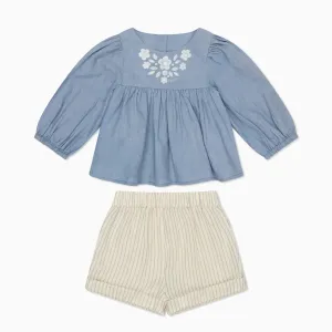 Floral Cotton Blouse & Striped Muslin Shorts Outfit