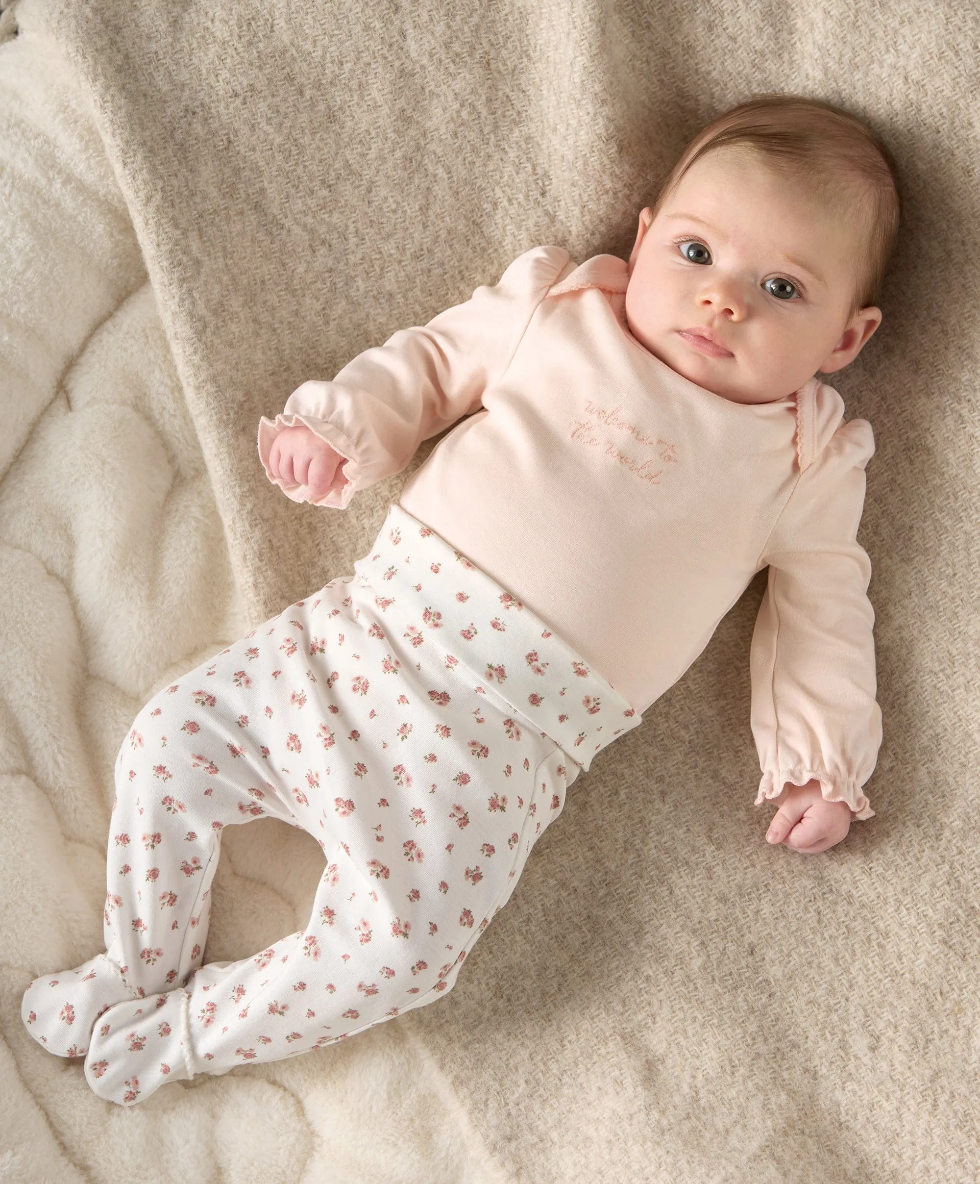 Frill Cuff Bodysuit, Leggings & Hat Set (3 Pieces) - Ditsy Rose Print