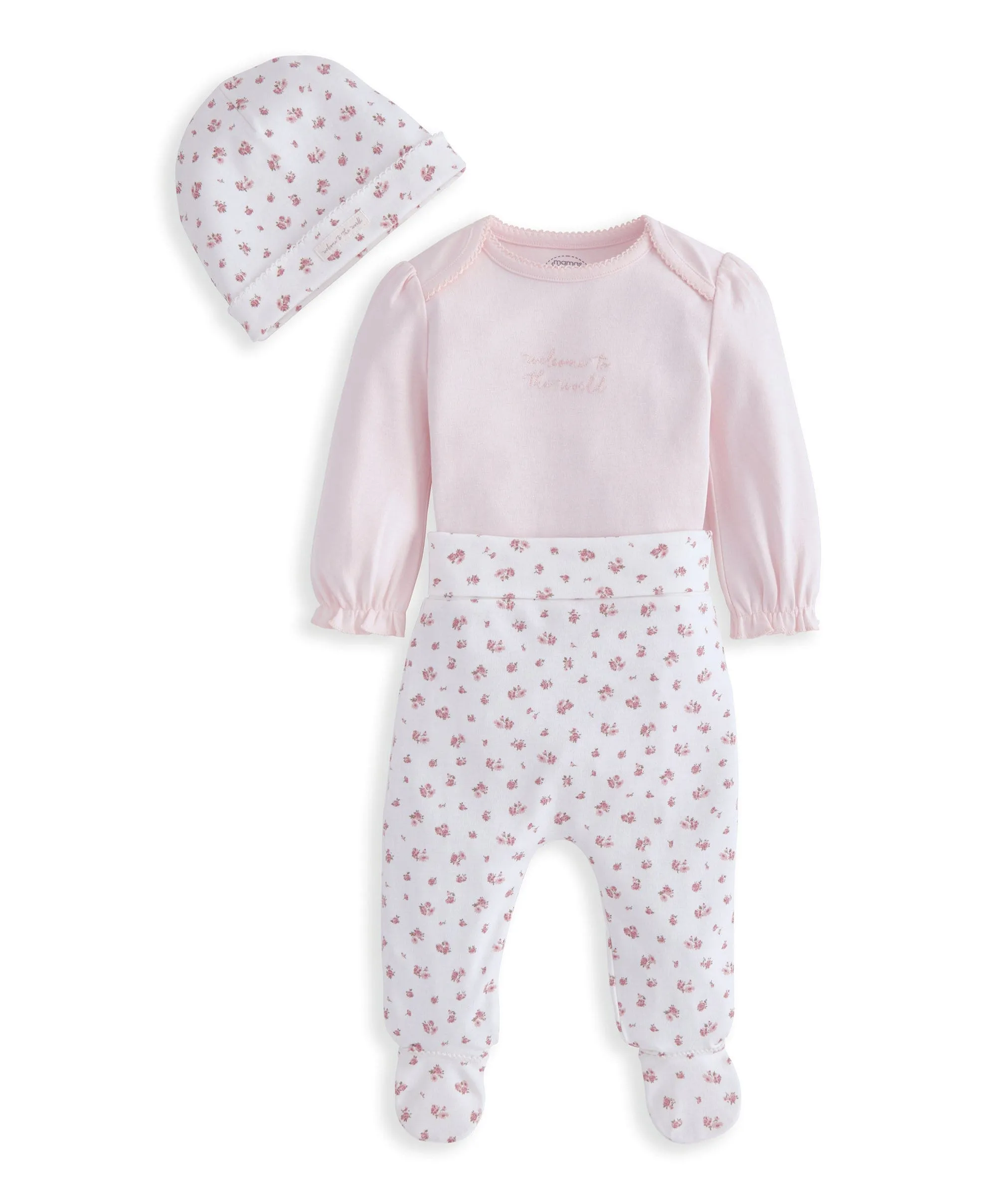 Frill Cuff Bodysuit, Leggings & Hat Set (3 Pieces) - Ditsy Rose Print