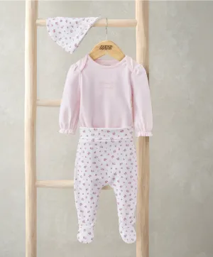 Frill Cuff Bodysuit, Leggings & Hat Set (3 Pieces) - Ditsy Rose Print