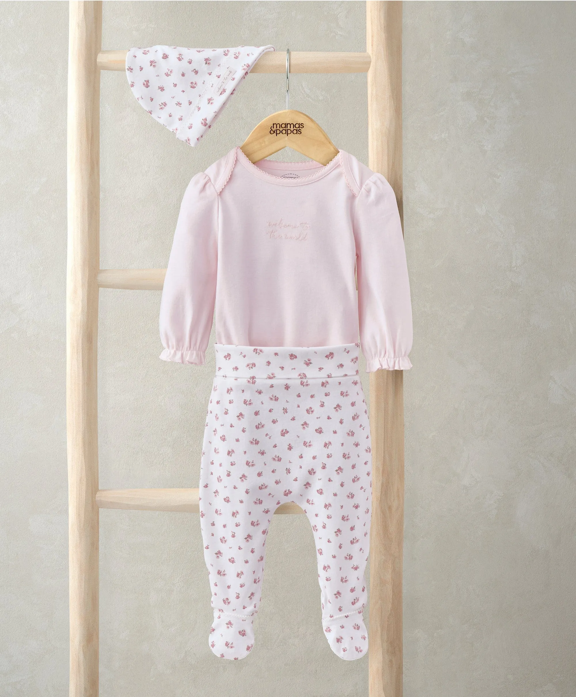 Frill Cuff Bodysuit, Leggings & Hat Set (3 Pieces) - Ditsy Rose Print