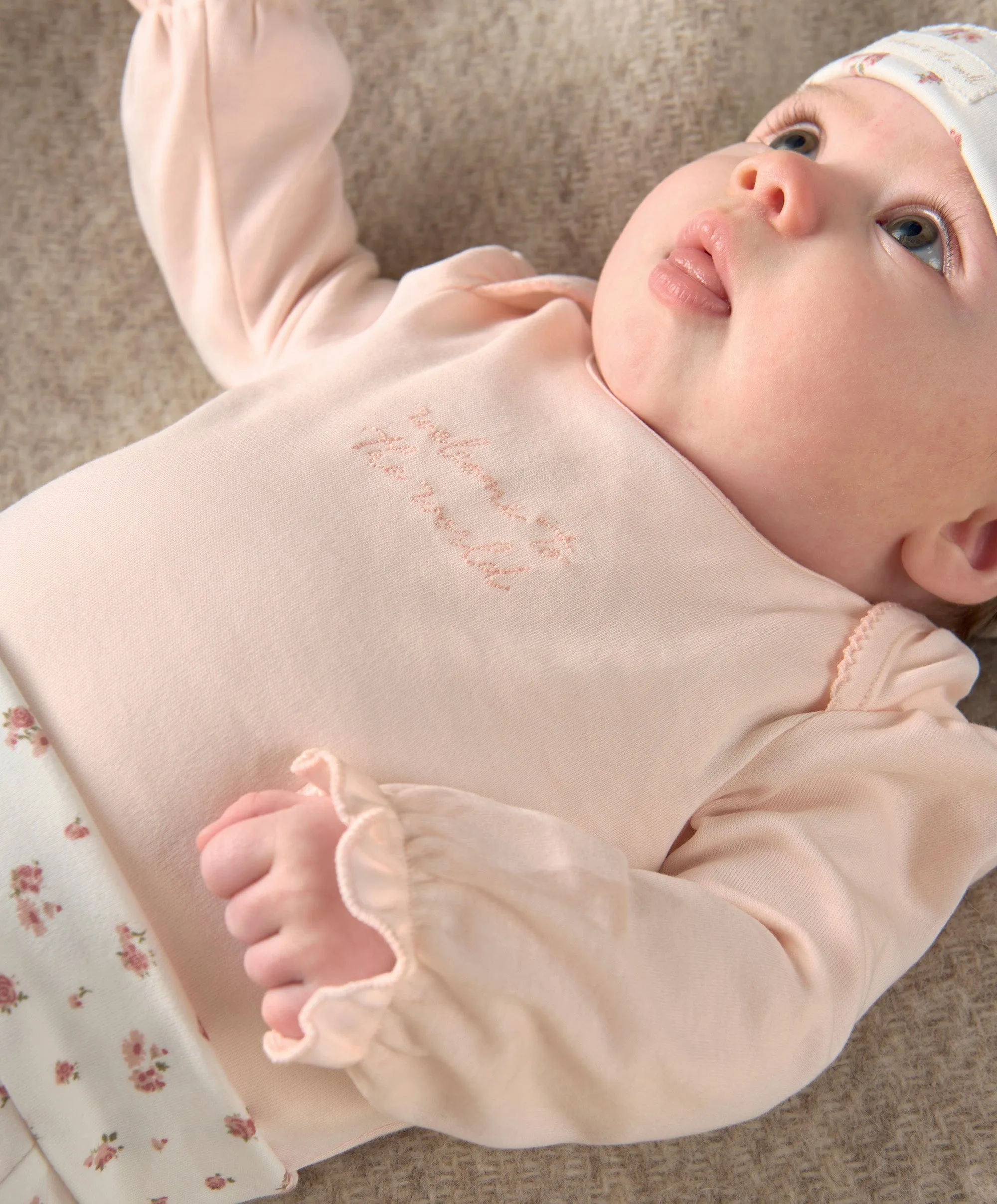 Frill Cuff Bodysuit, Leggings & Hat Set (3 Pieces) - Ditsy Rose Print