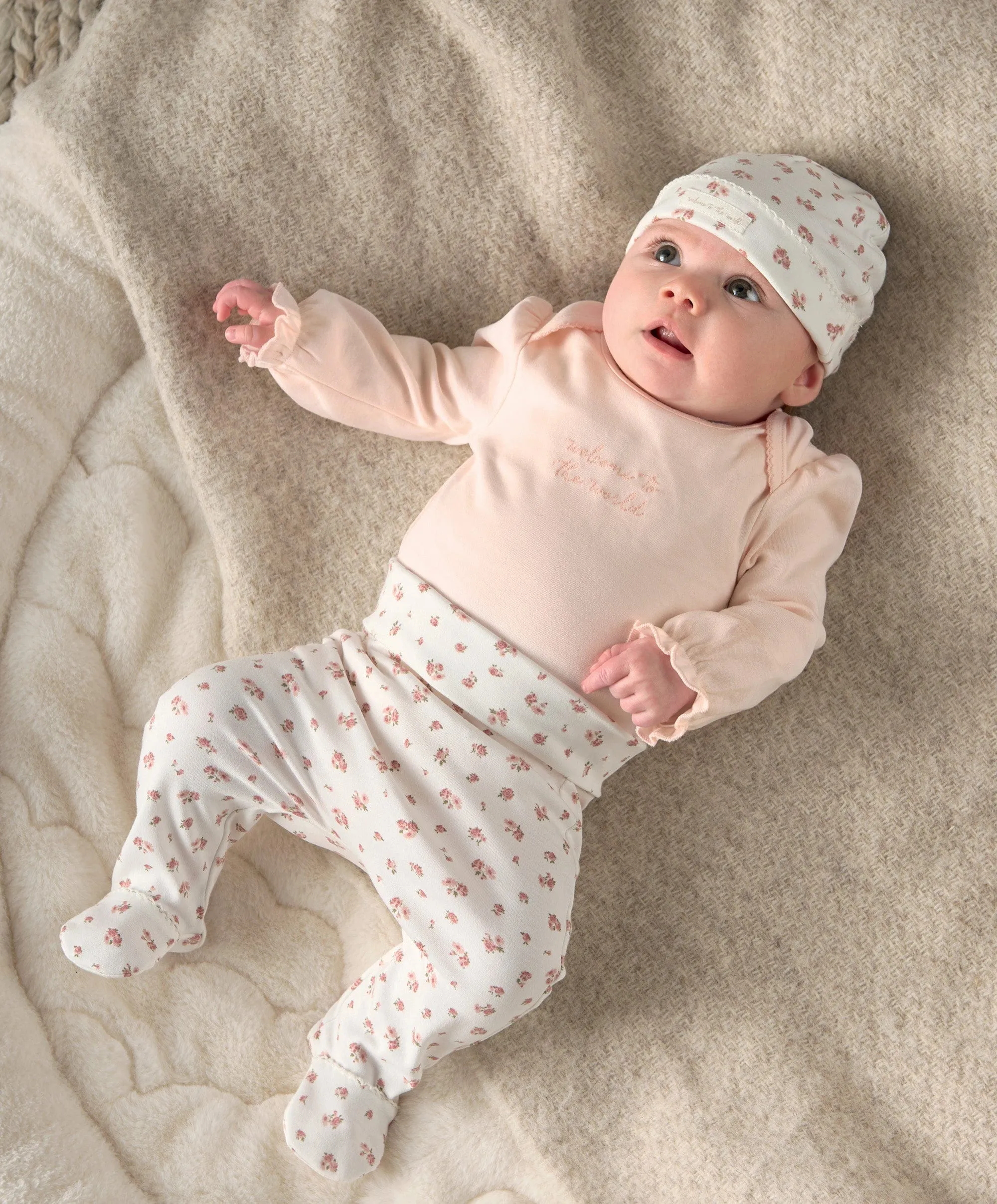 Frill Cuff Bodysuit, Leggings & Hat Set (3 Pieces) - Ditsy Rose Print