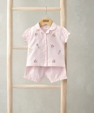 Frill Cuff Top & Shorts Set (2 Pieces) - Pink Stripe