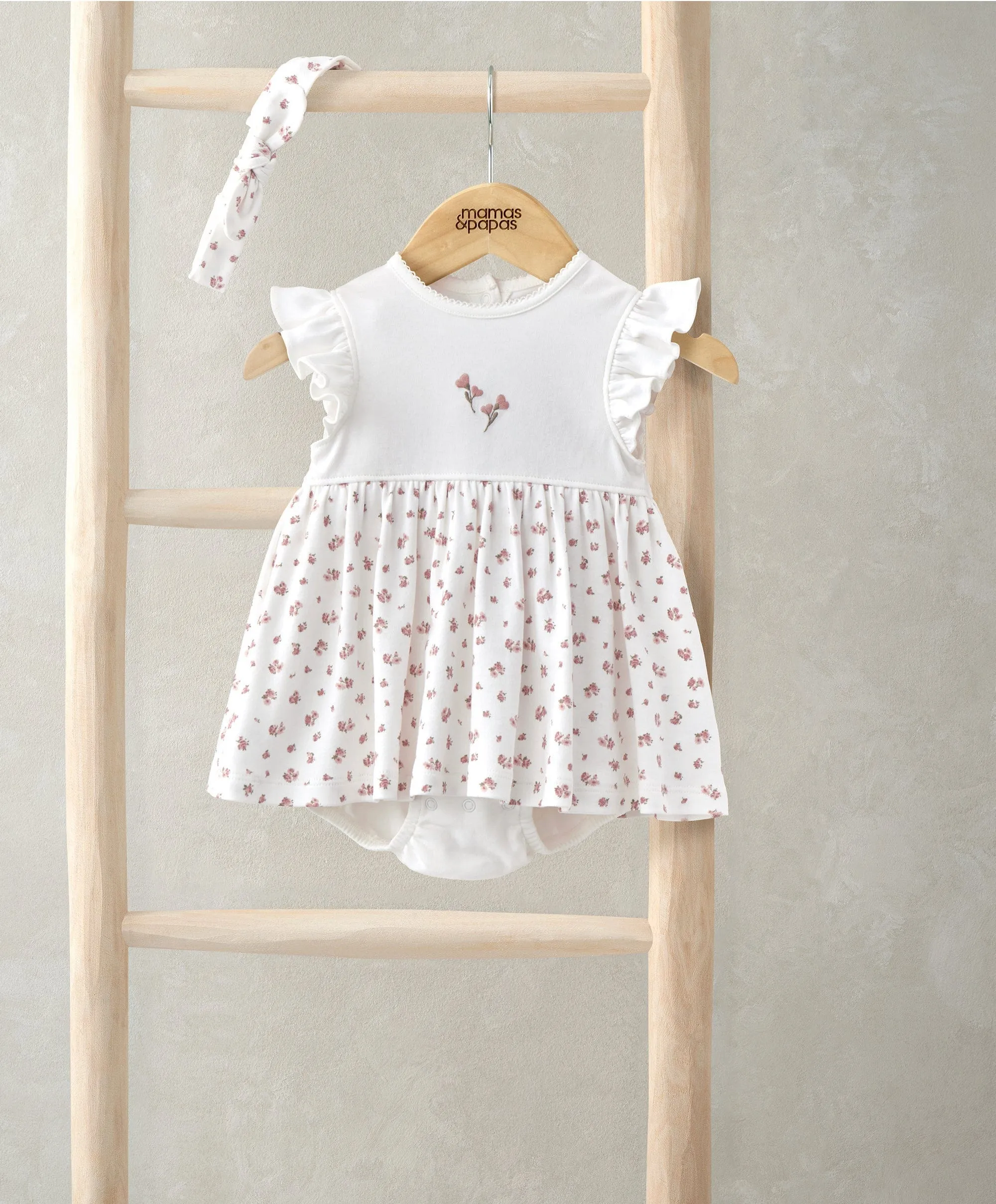 Frill Sleeve Dress & Bow Headband Set (2 Pieces) - Ditsy Rose Print