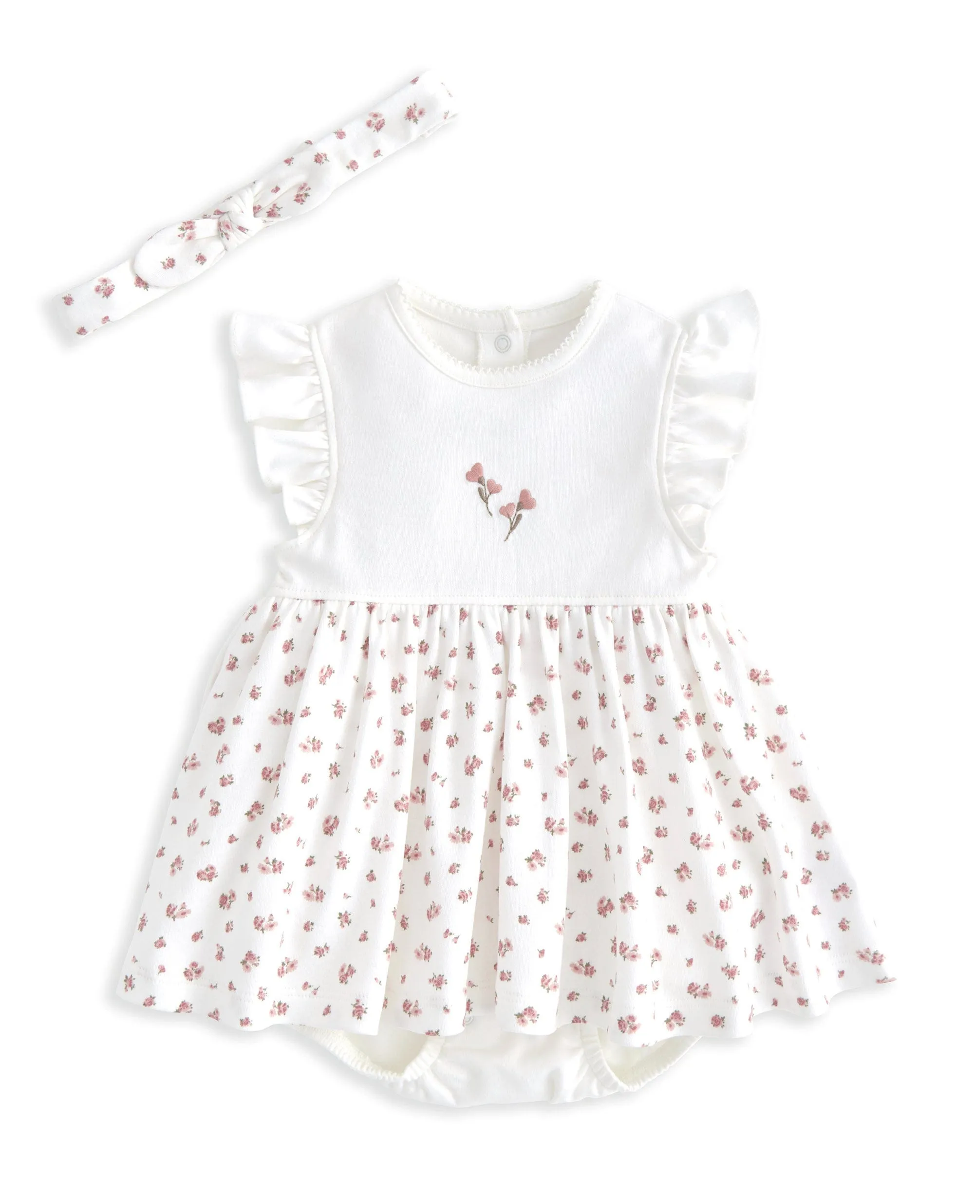 Frill Sleeve Dress & Bow Headband Set (2 Pieces) - Ditsy Rose Print