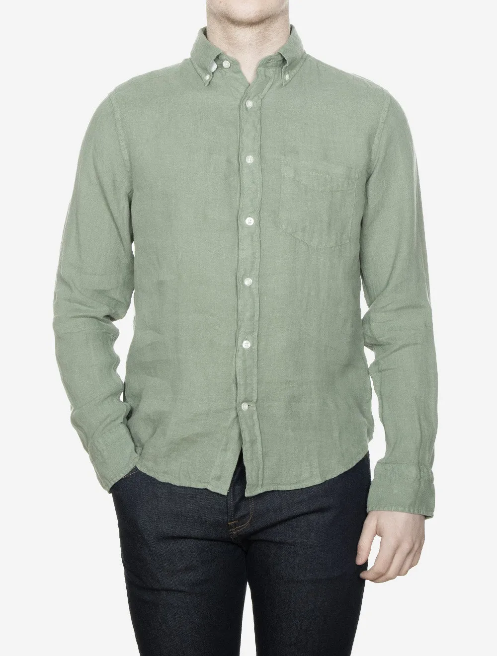 Garment-Dyed Regular Fit Linen Shirt Kalamata Green