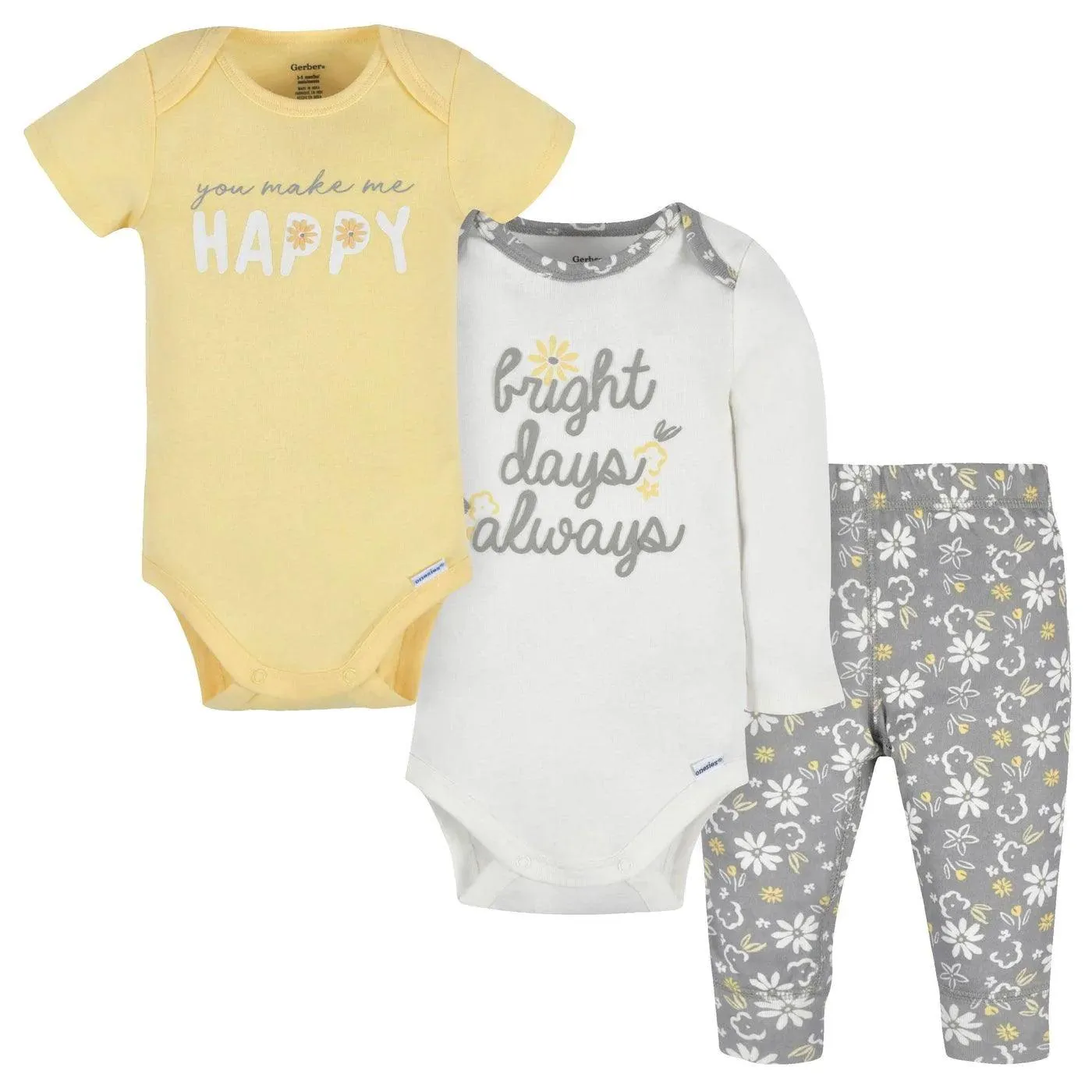 Gerber 3-Piece Baby Girls Happy Onesies®Bodysuits & Pant Set Babykids Gerber