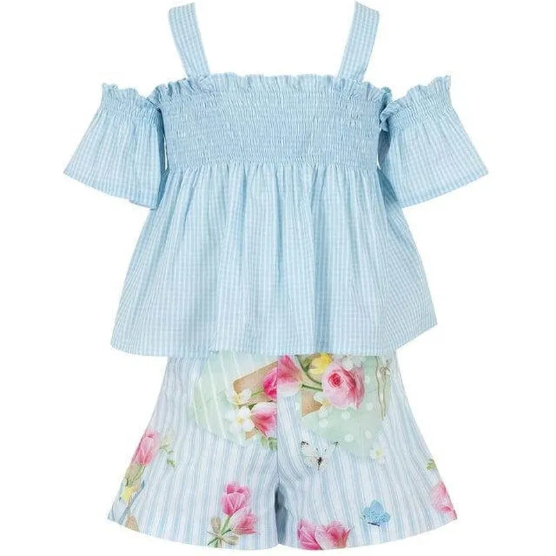 Girls Blue Striped Short Set