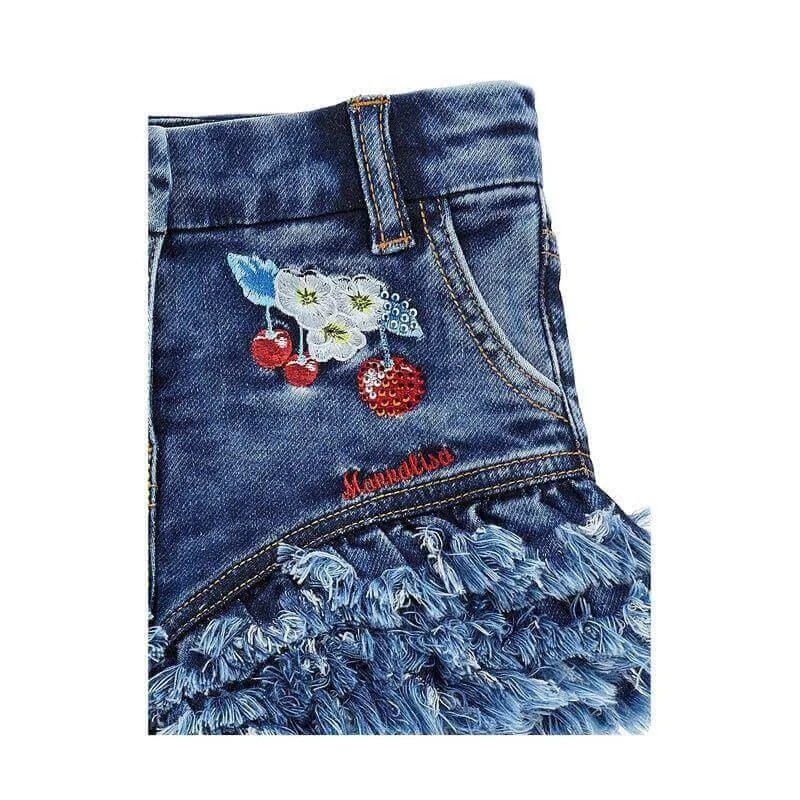 Girls Cherry Embroidered Denim Shorts