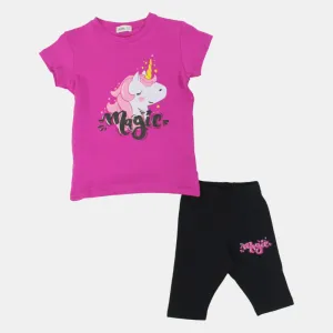 Girls Cotton Pajama Set – Fuchsia with "Magic" Unicorn Design