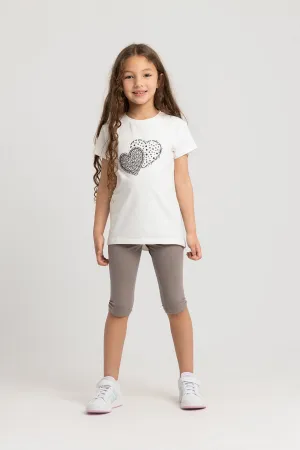 Girls Cotton Pajama Set – Off-white with Two Hearts Design