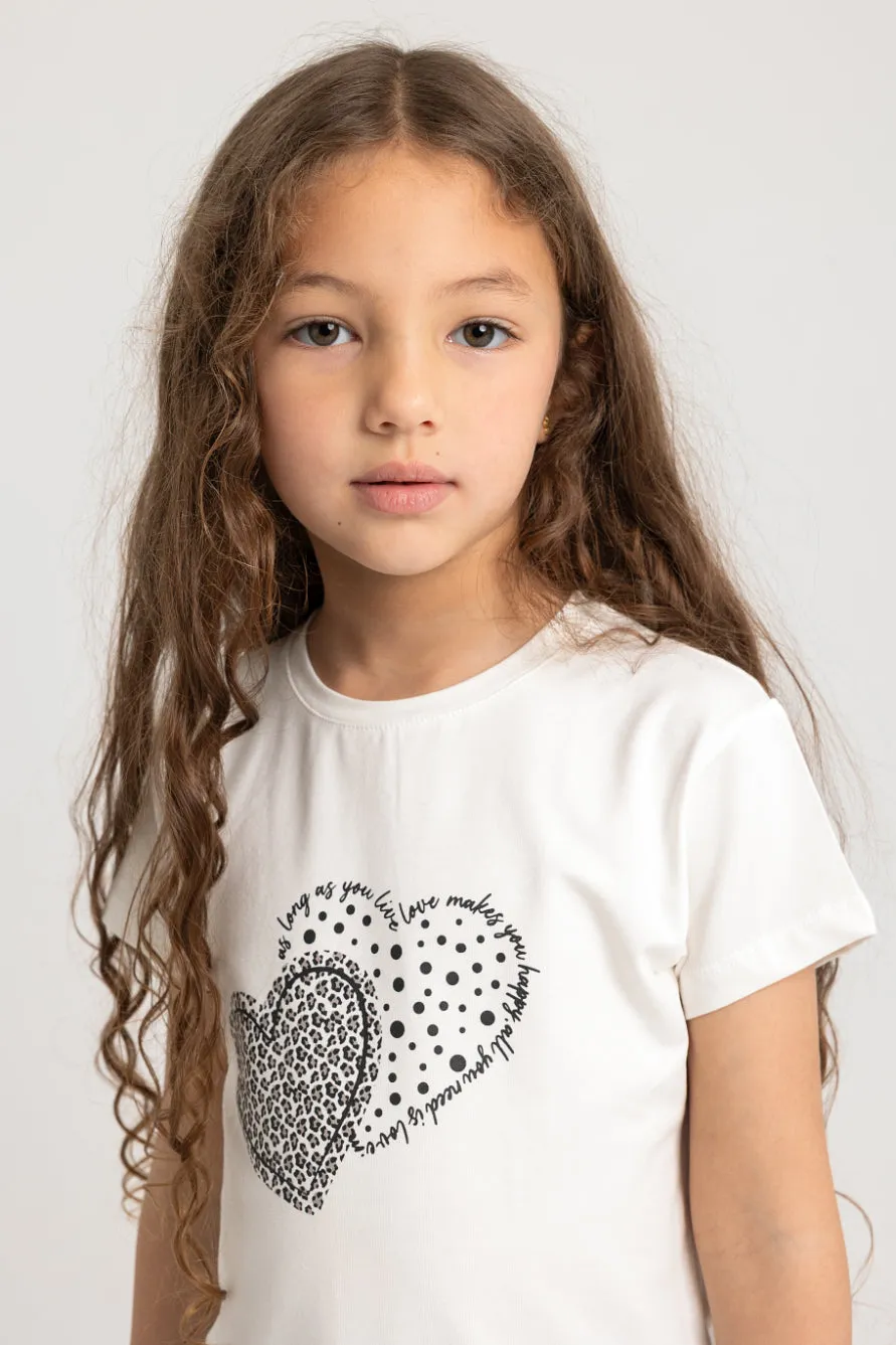 Girls Cotton Pajama Set – Off-white with Two Hearts Design