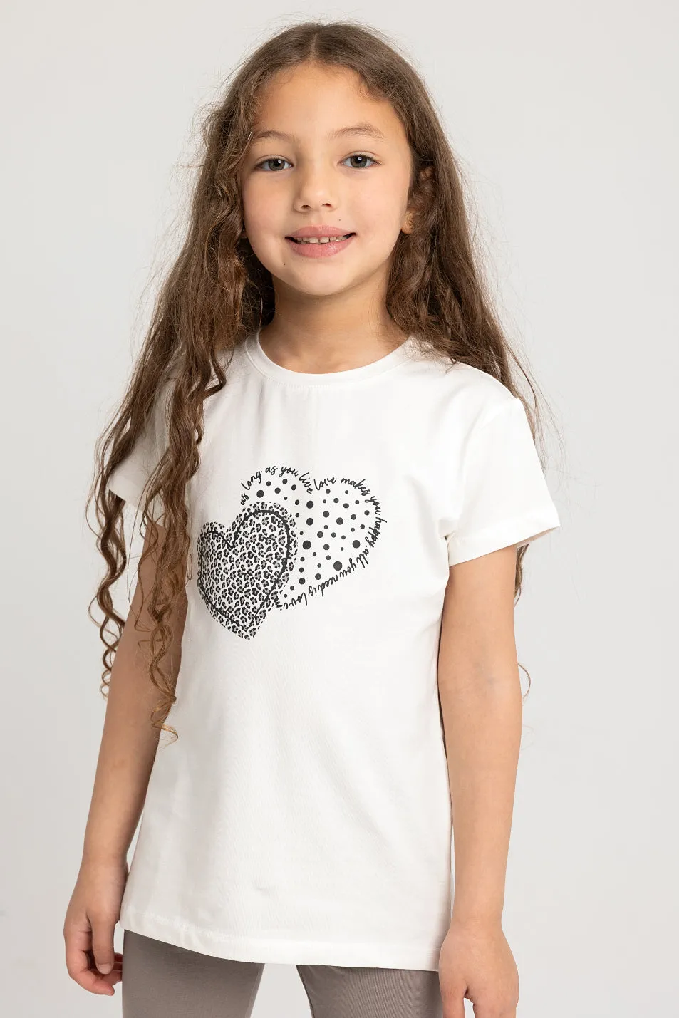 Girls Cotton Pajama Set – Off-white with Two Hearts Design