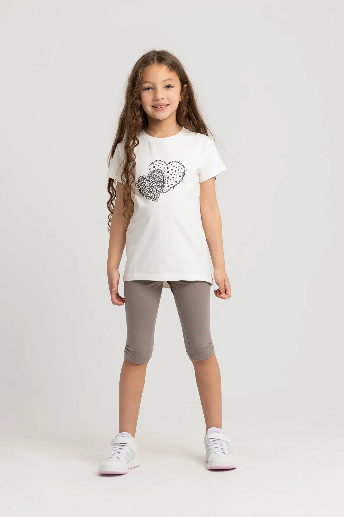 Girls Cotton Pajama Set – Off-white with Two Hearts Design