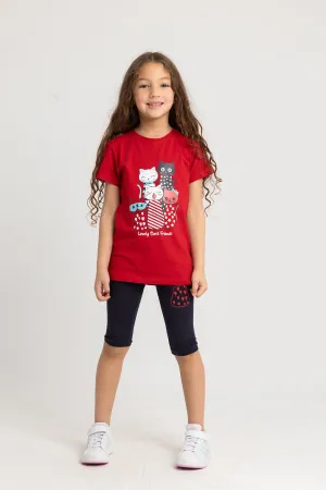 Girls Cotton Pajama Set – Red "Lovely Best Friends" Kittens Print