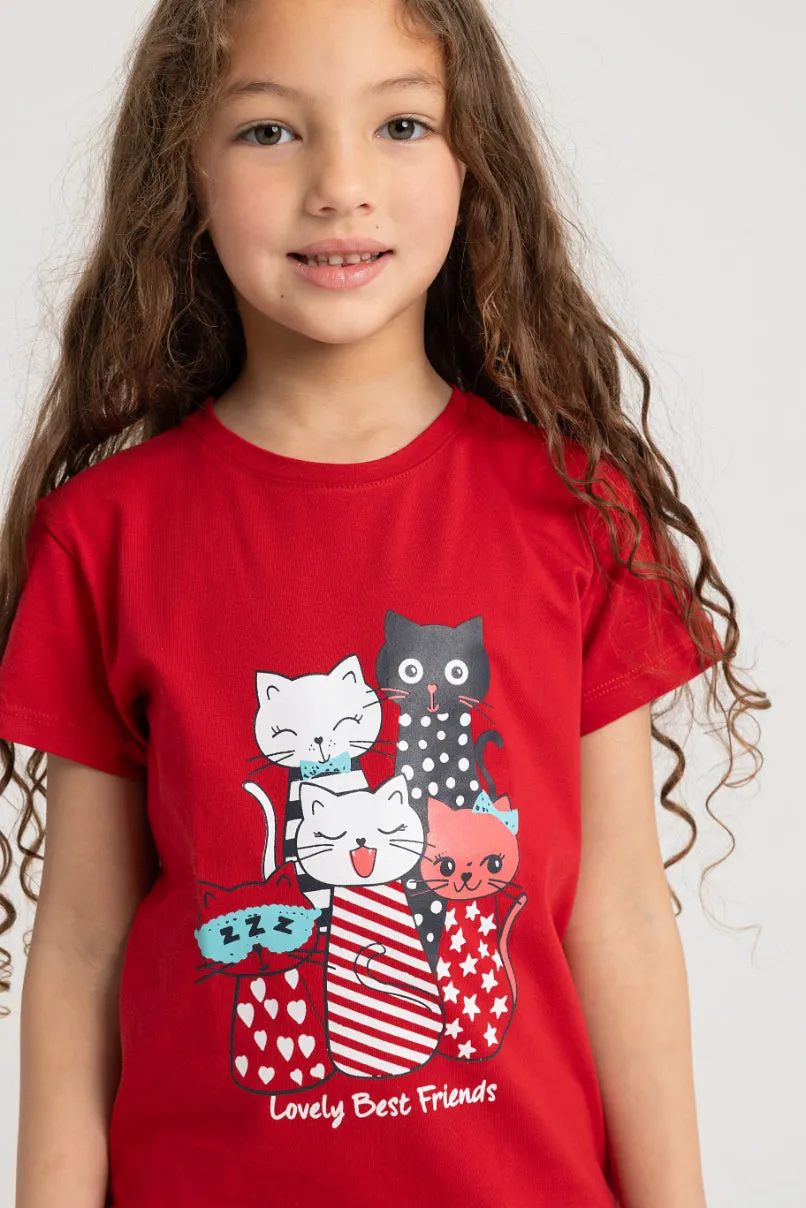 Girls Cotton Pajama Set – Red "Lovely Best Friends" Kittens Print