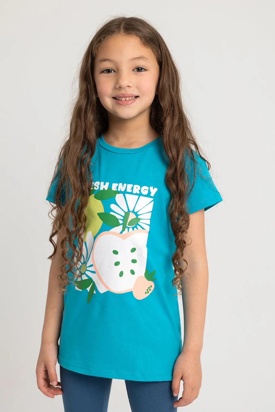 Girls Cotton Pajama Set – Turquoise with Fresh Energy Print