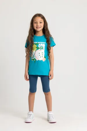 Girls Cotton Pajama Set – Turquoise with Fresh Energy Print