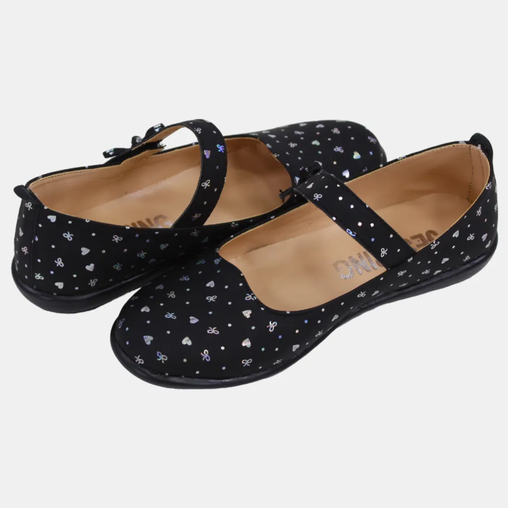 Girls Leather Shoes – Black with Heart Details