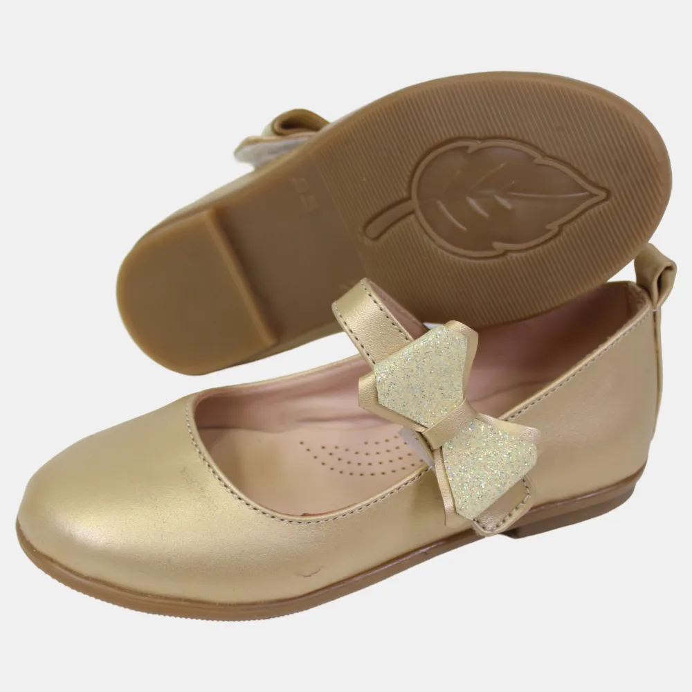 Girls Leather Shoes – Gold with a Bow