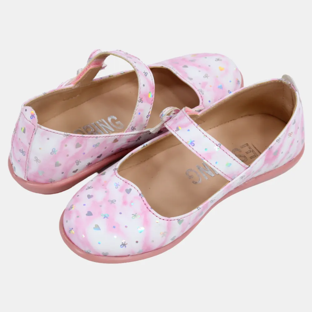 Girls Leather Shoes – Pink with Heart Details