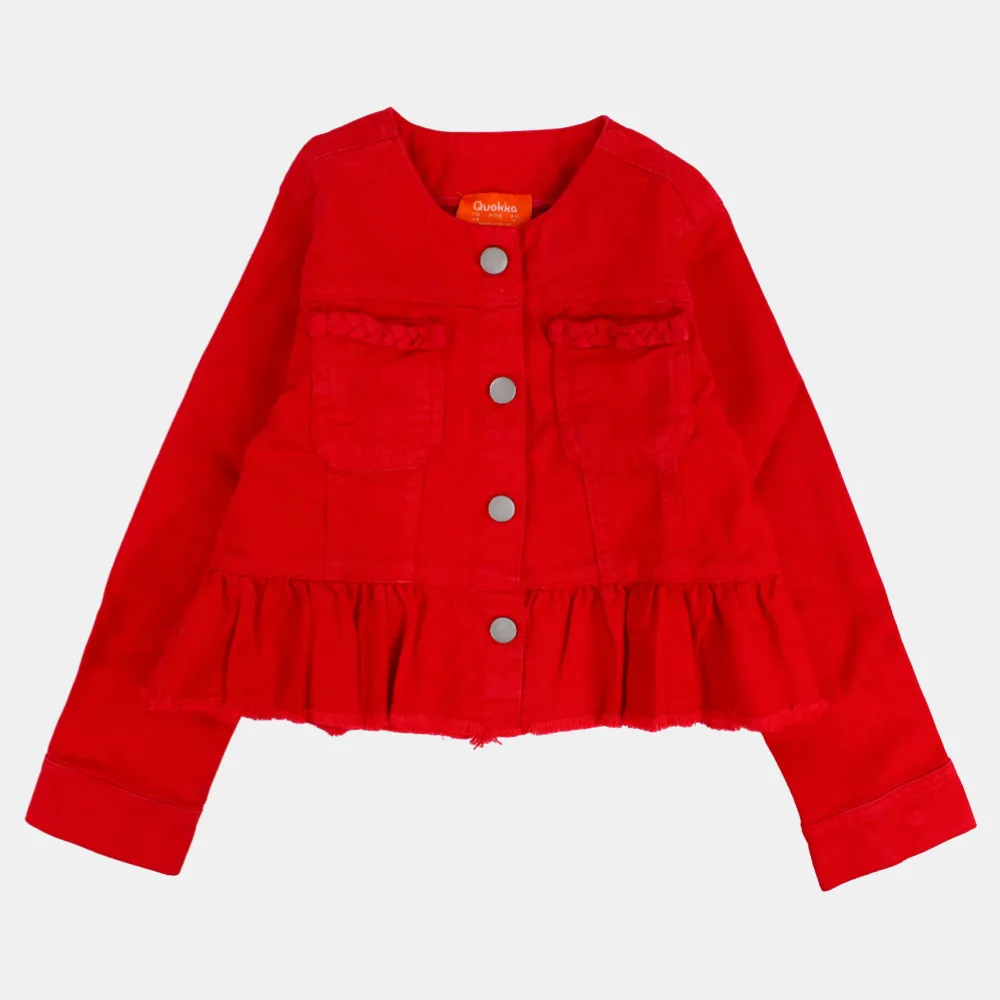 Girls Long-Sleeved Ruffled Red Gabardine Jacket