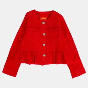 Girls Long-Sleeved Ruffled Red Gabardine Jacket