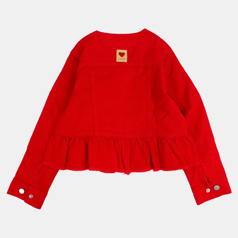 Girls Long-Sleeved Ruffled Red Gabardine Jacket