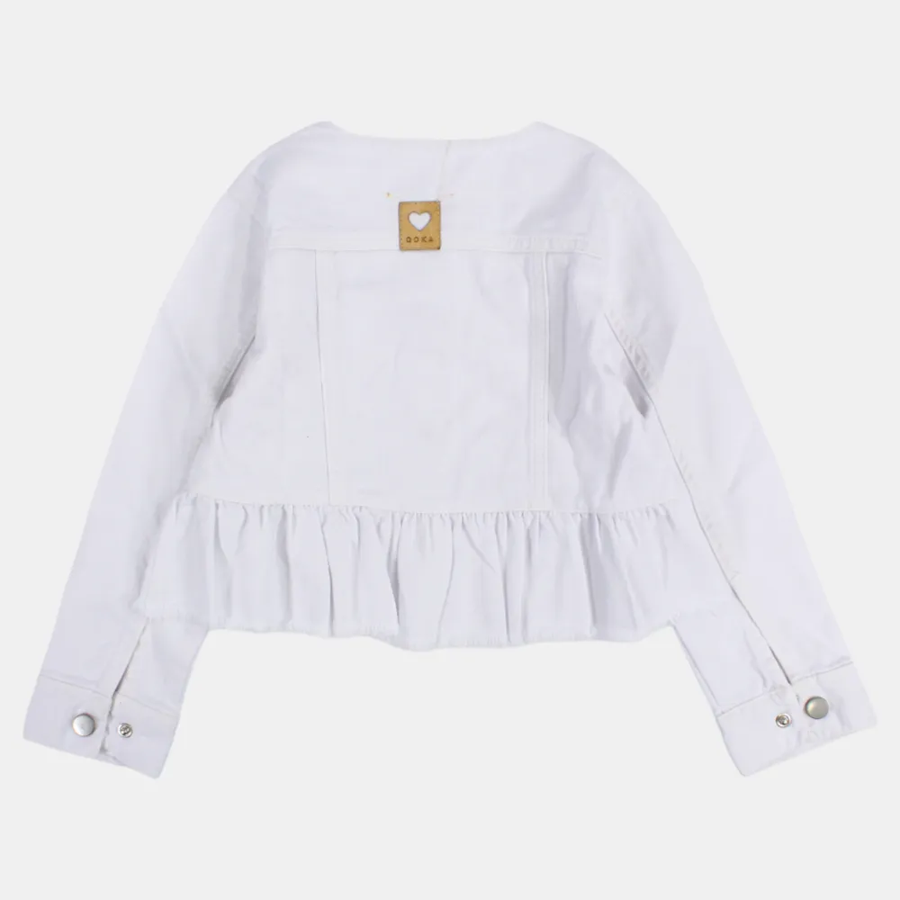 Girls Long-Sleeved Ruffled White Gabardine Jacket