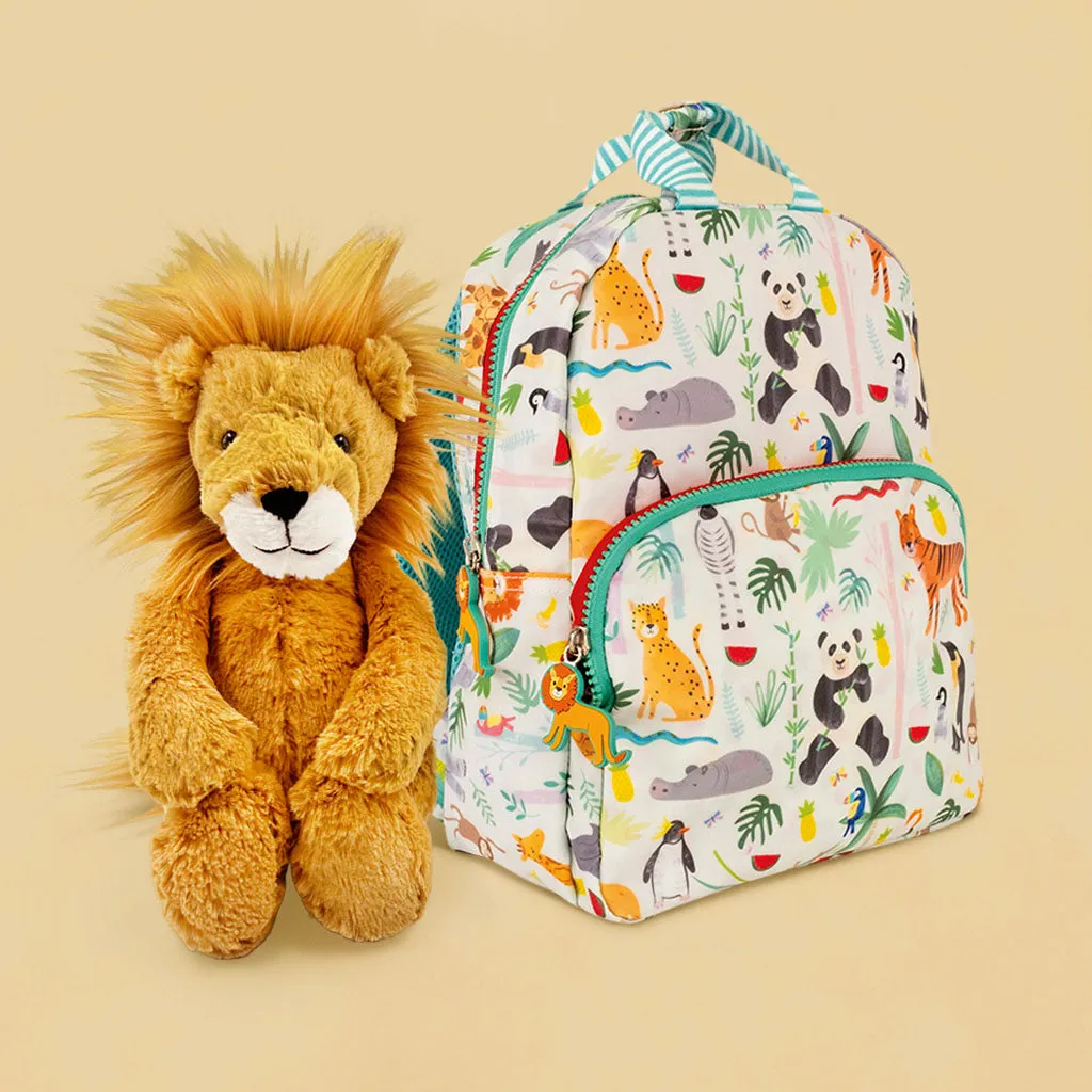 Jellycat Bashful Lion Soft Toy with Floss & Rock Jungle Backpack Gift Set