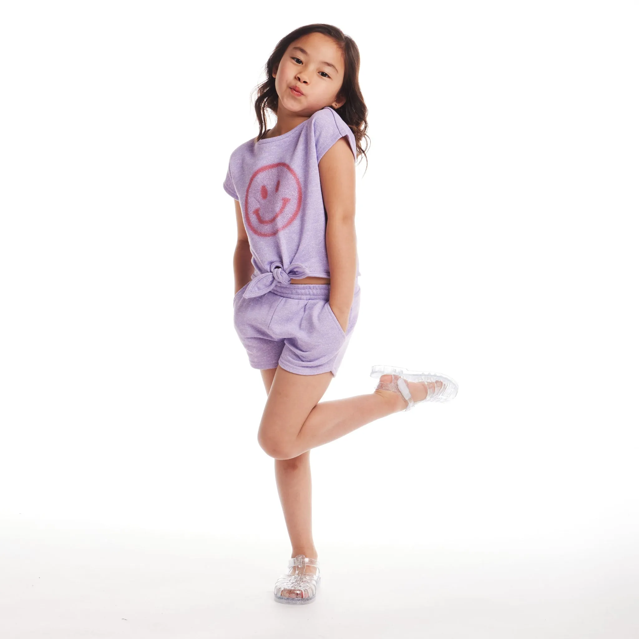 Kids (2-6) Girls Tie-front Top & Short Set | Purple Smiley Face Babykids_Andy-Evan