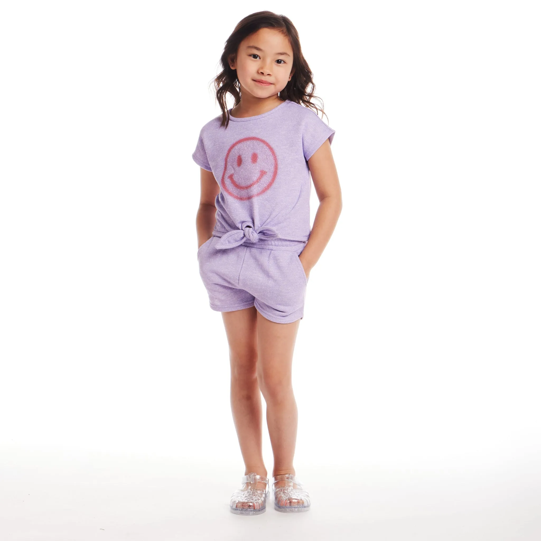Kids (2-6) Girls Tie-front Top & Short Set | Purple Smiley Face Babykids_Andy-Evan
