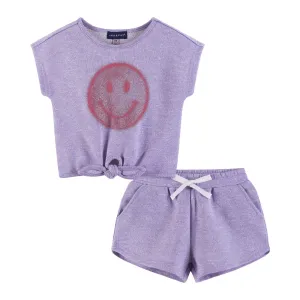 Kids (2-6) Girls Tie-front Top & Short Set | Purple Smiley Face Babykids_Andy-Evan