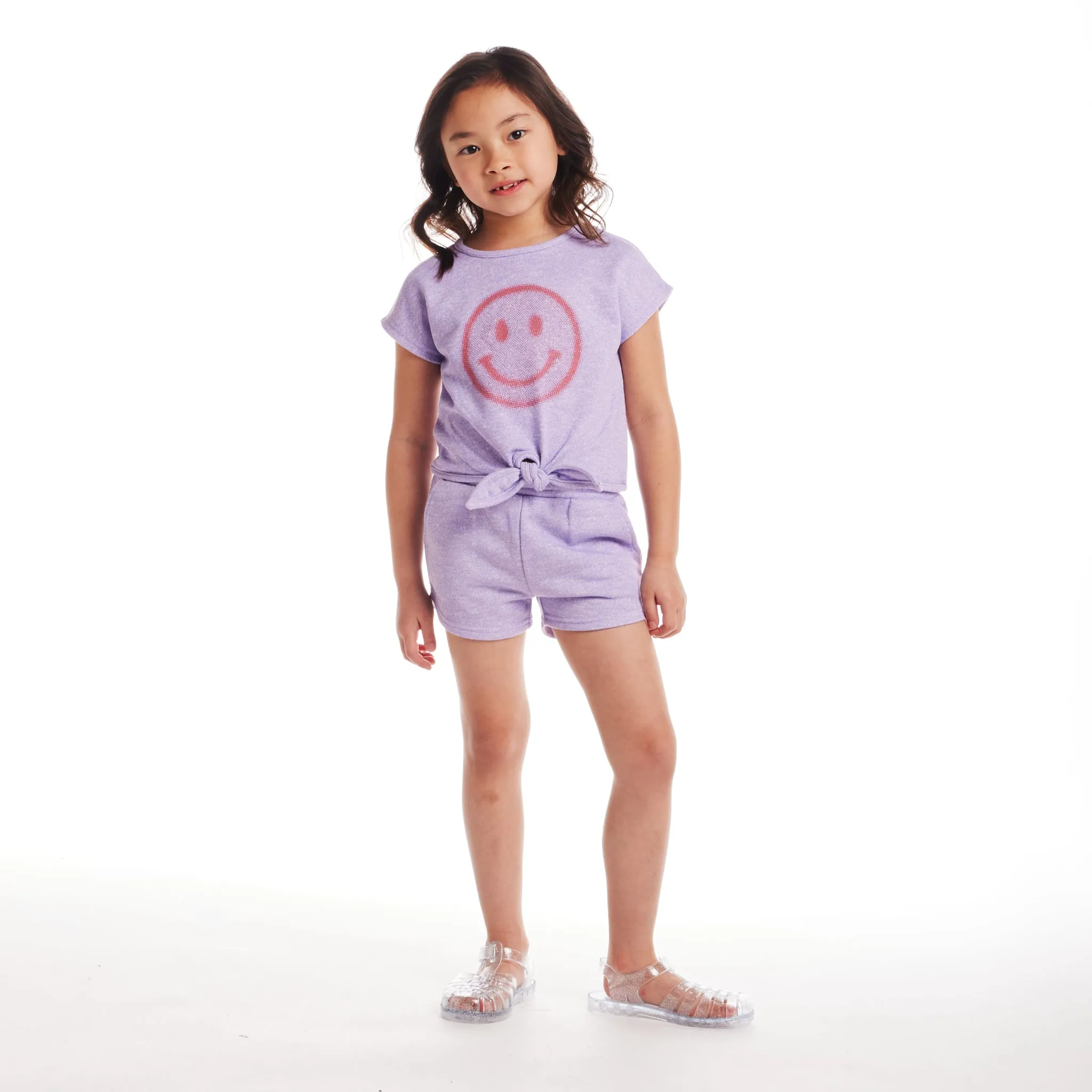Kids (2-6) Girls Tie-front Top & Short Set | Purple Smiley Face Babykids_Andy-Evan
