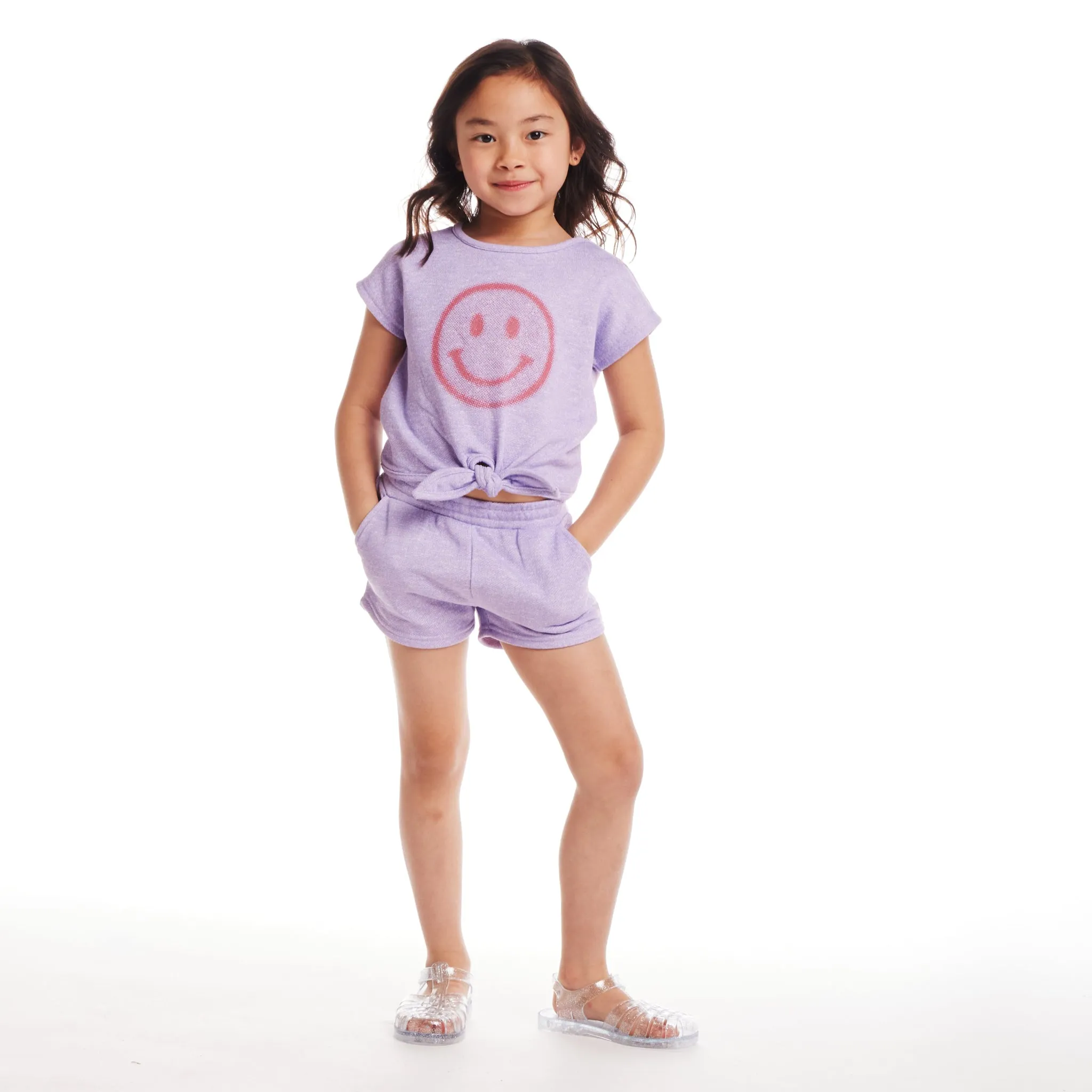 Kids (2-6) Girls Tie-front Top & Short Set | Purple Smiley Face Babykids_Andy-Evan