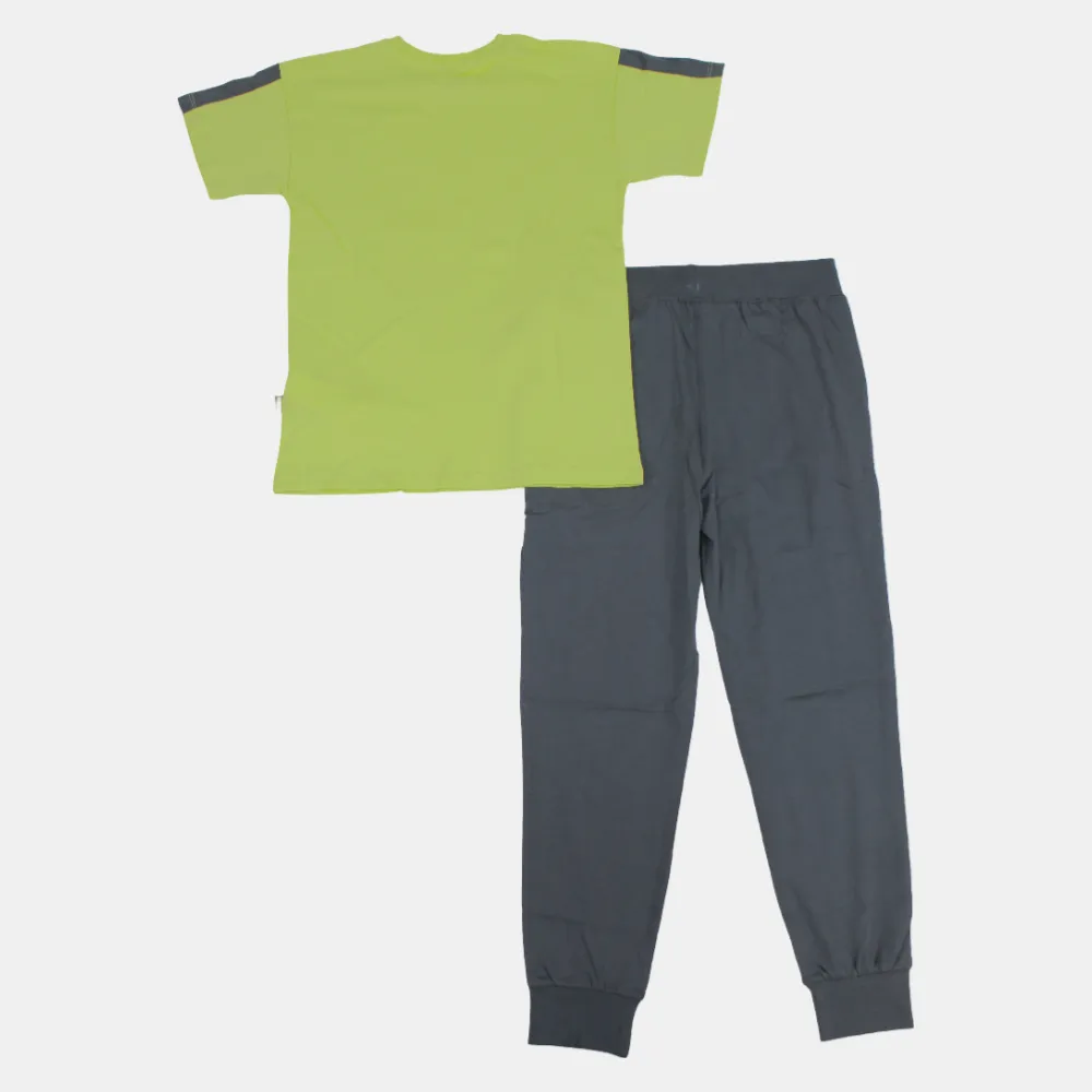 Kids' Boys Short-Sleeved Cotton Pajama Set – Lemon Green/Grey (Ride the Waves Theme)