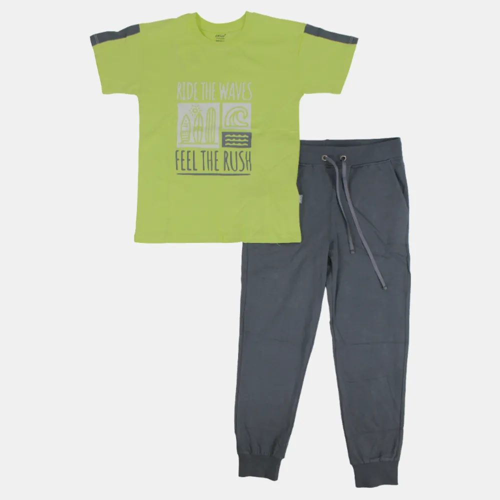 Kids' Boys Short-Sleeved Cotton Pajama Set – Lemon Green/Grey (Ride the Waves Theme)