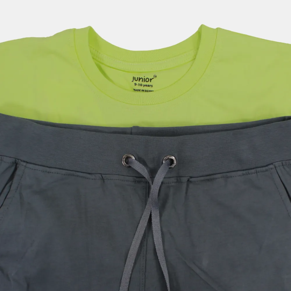 Kids' Boys Short-Sleeved Cotton Pajama Set – Lemon Green/Grey (Ride the Waves Theme)