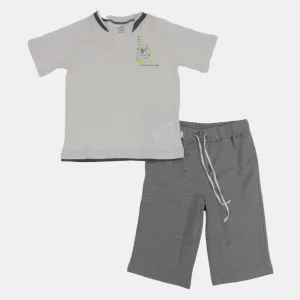 Kids' Boys Short-Sleeved Cotton Pajama Set – Off-White/Grey