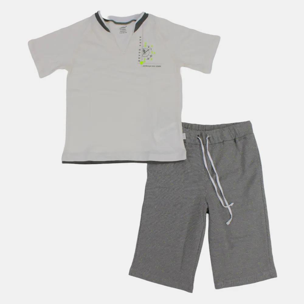 Kids' Boys Short-Sleeved Cotton Pajama Set – Off-White/Grey