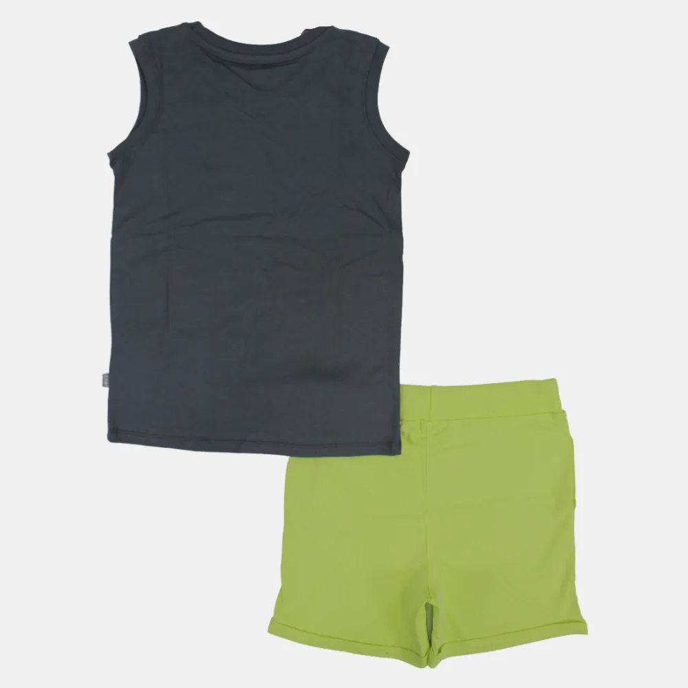 Kids' Boys Sleeveless Cotton Pajama Set – Grey/Green (Palm Tree Theme)
