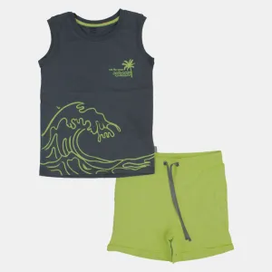 Kids' Boys Sleeveless Cotton Pajama Set – Grey/Green (Palm Tree Theme)