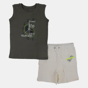 Kids' Boys Sleeveless Cotton Pajama Set – Olive Green (Clock Theme)