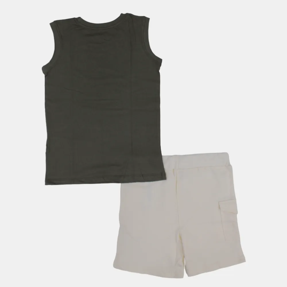 Kids' Boys Sleeveless Cotton Pajama Set – Olive Green (Clock Theme)