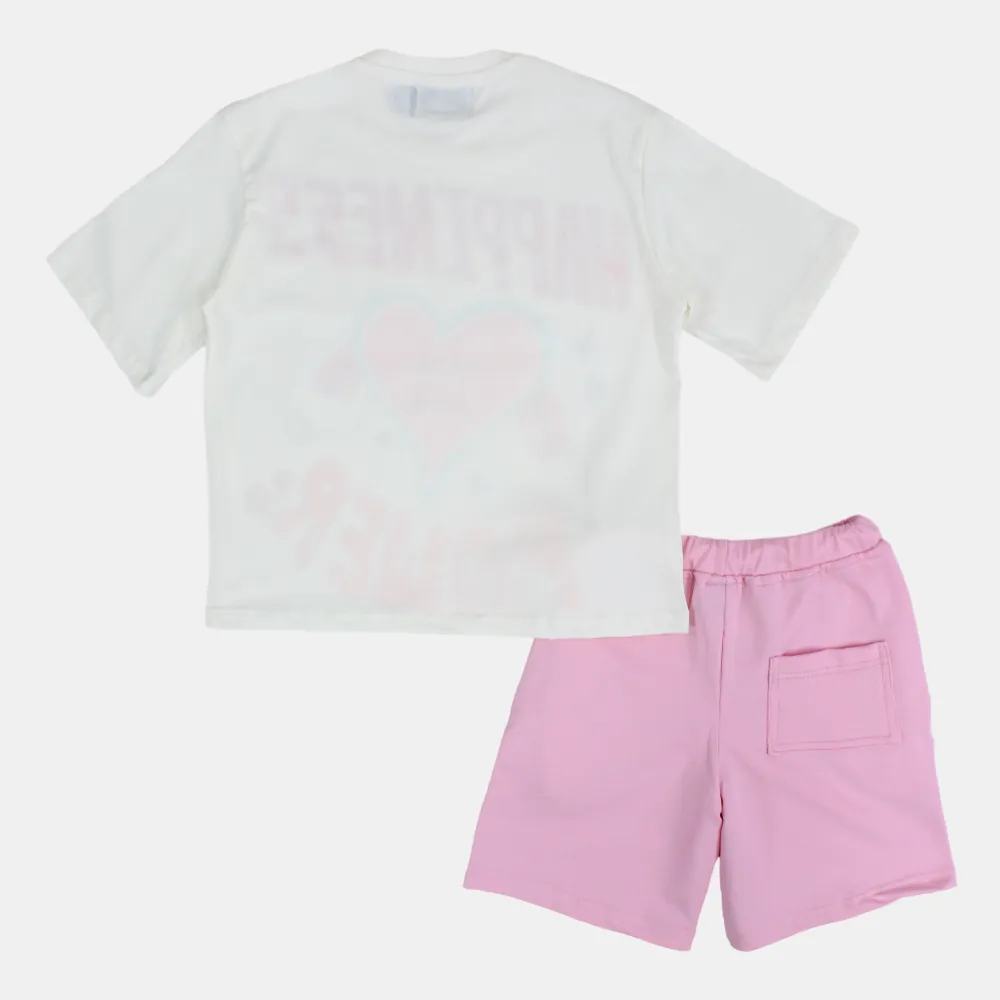 Kids Girls Cotton Short-Sleeved Pajama – Pink and White
