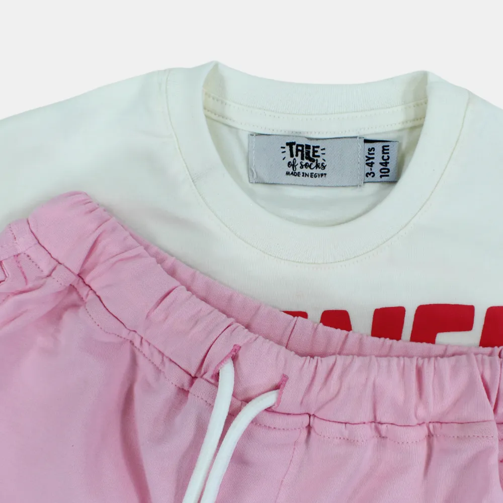 Kids Girls Cotton Short-Sleeved Pajama – Pink and White