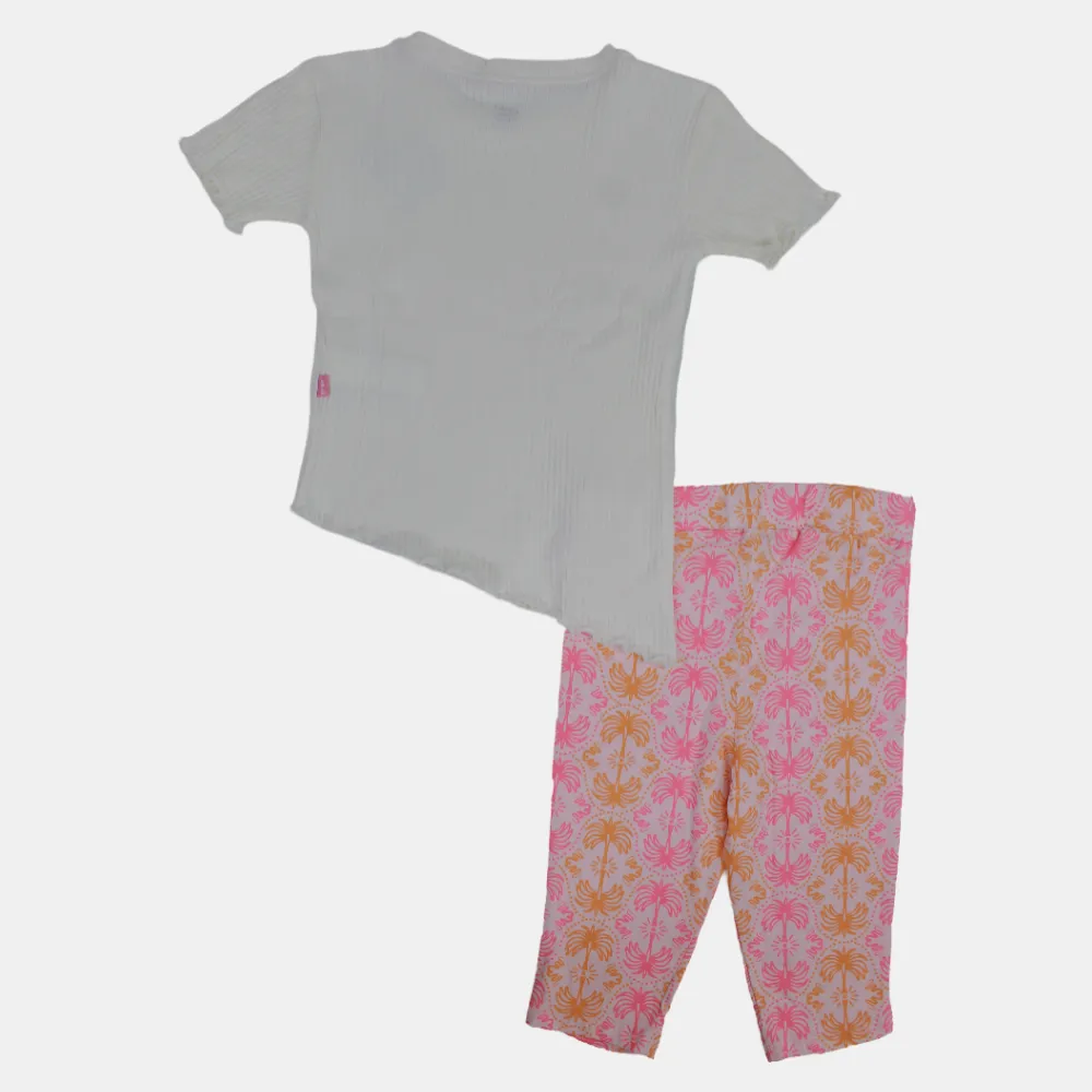 Kids' Girls Short-Sleeved Cotton Pajama Set – Off-White Tropical Design