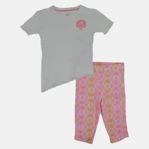 Kids' Girls Short-Sleeved Cotton Pajama Set – Off-White Tropical Design