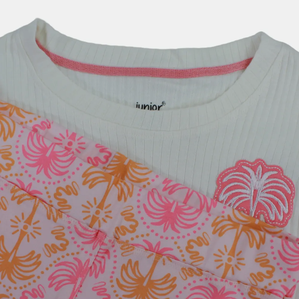 Kids' Girls Short-Sleeved Cotton Pajama Set – Off-White Tropical Design